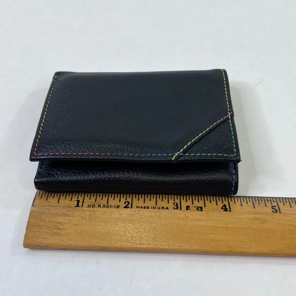 Robert Graham Mens Black Leather Trifold Wallet Multicolor Stitching Paisley